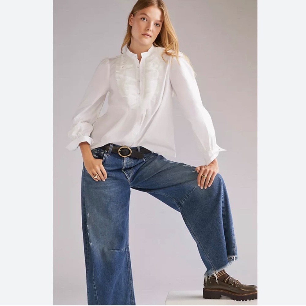 Maeve By Anthropologie Tulle-Trimmed ButtonDown Top